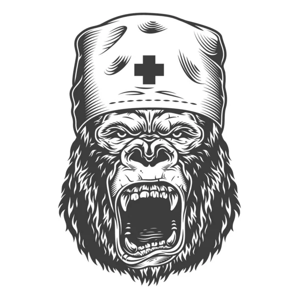 Arg Gorilla Svartvit Stil Medicinsk Hatt Vektorillustration — Stock vektor