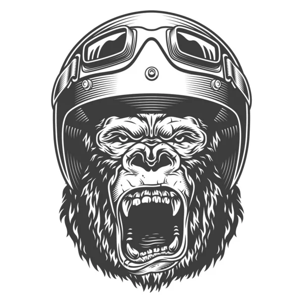 Arg Gorilla Monokrom Stil Retro Biker Hjälm Vektorillustration — Stock vektor