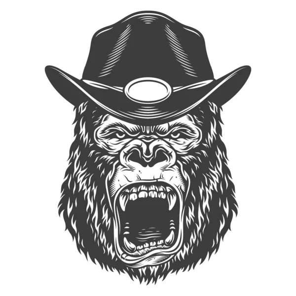 愤怒的大猩猩在黑白风格的警长帽子 矢量插图 — 图库矢量图片