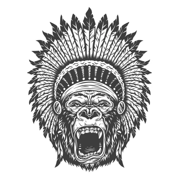 愤怒的大猩猩在印度羽毛帽子单色风格 矢量复古插图 — 图库矢量图片