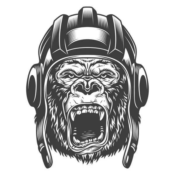 愤怒的大猩猩在单色风格的先导头盔 矢量复古插图 — 图库矢量图片