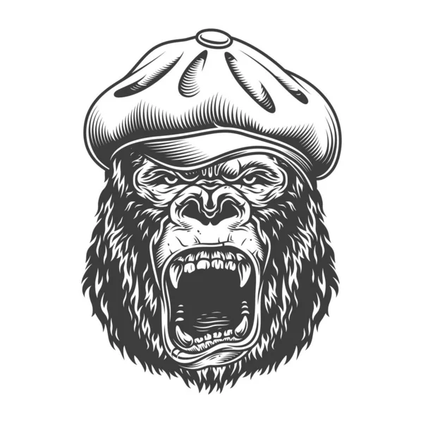 愤怒的大猩猩在单色风格的经典帽子 矢量复古插图 — 图库矢量图片