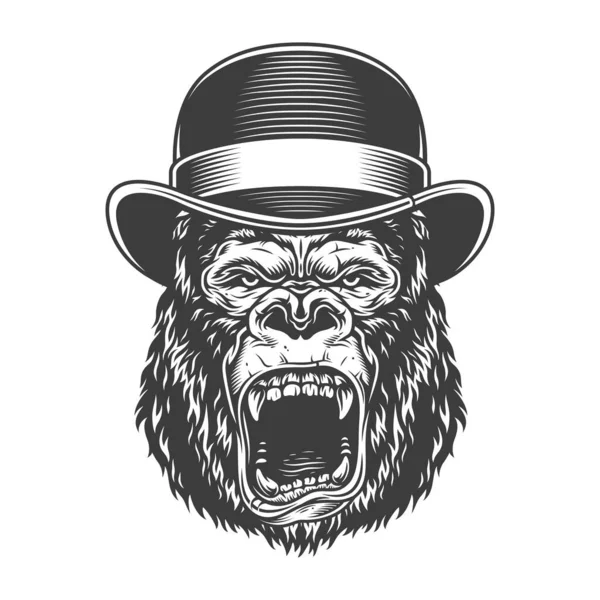 愤怒的大猩猩在单色风格的圆顶礼帽 矢量复古插图 — 图库矢量图片