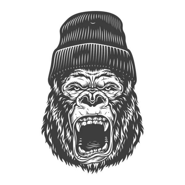 Angry Gorilla Monochrome Style Beanie Hat Vector Vintage Illustration — Stock Vector