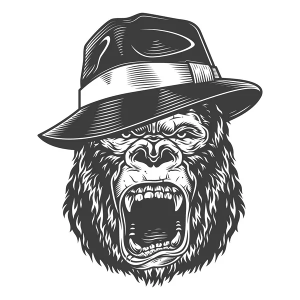 愤怒的大猩猩在单色风格的软呢帽帽子 矢量复古插图 — 图库矢量图片