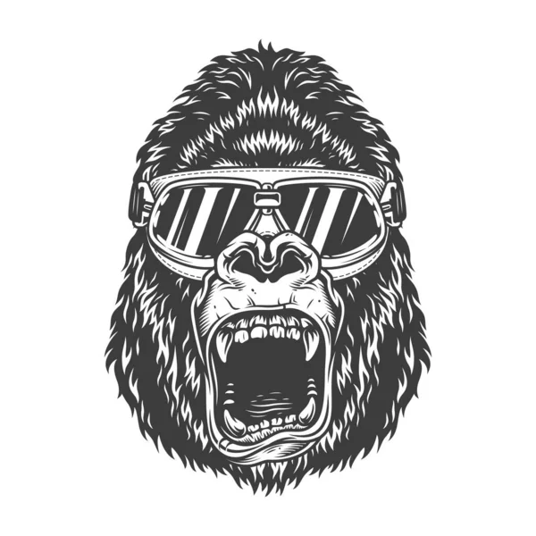 愤怒的大猩猩在滑雪眼镜单色风格 矢量复古插图 — 图库矢量图片