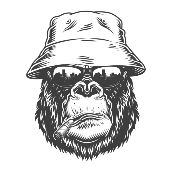 Gorilla Huvud Monokrom Stil Panama Hatt Vektorillustration — Stock vektor