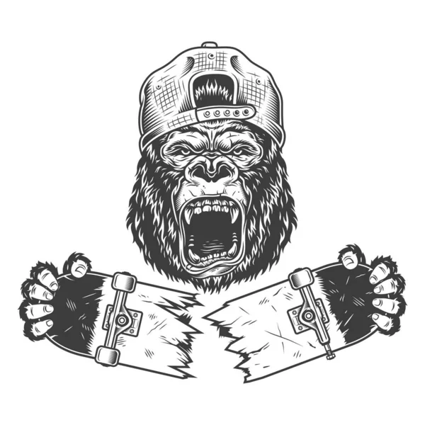 Gorila Enojado Agrietado Patín Impresión Camiseta Ilustración Monocromo Vector — Vector de stock