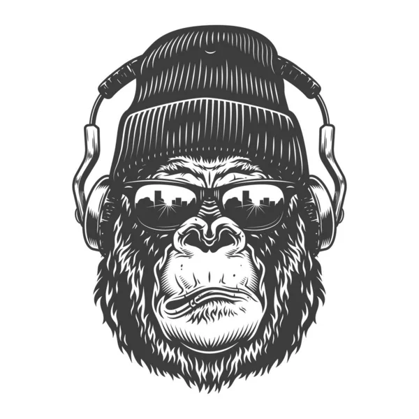 Tête Gorille Style Monochrome Casque Bonnet Illustration Vectorielle — Image vectorielle