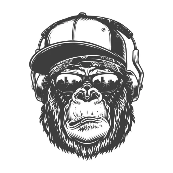 Gorilla Huvud Monokrom Stil Mössa Och Heapdphones Hipster Vektor Illustration — Stock vektor
