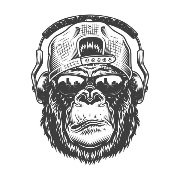 Gorilla Head Monochrome Style Cap Heapdphones Hipster Vector Illustration — Stock Vector