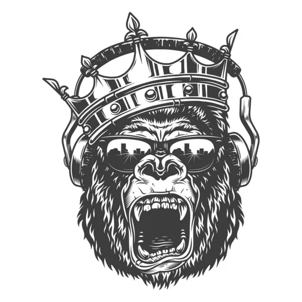 King Gorila Ansikte Med Glasögon Och Hörlurar Och Krona Vektorillustration — Stock vektor