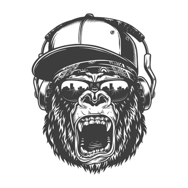 Hipster Gorillagesicht Mit Brille Und Kopfhörer Vektorillustration — Stockvektor