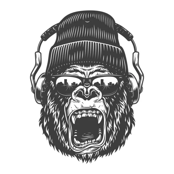 Hipster Gorila Visage Dans Des Lunettes Des Écouteurs Illustration Vectorielle — Image vectorielle