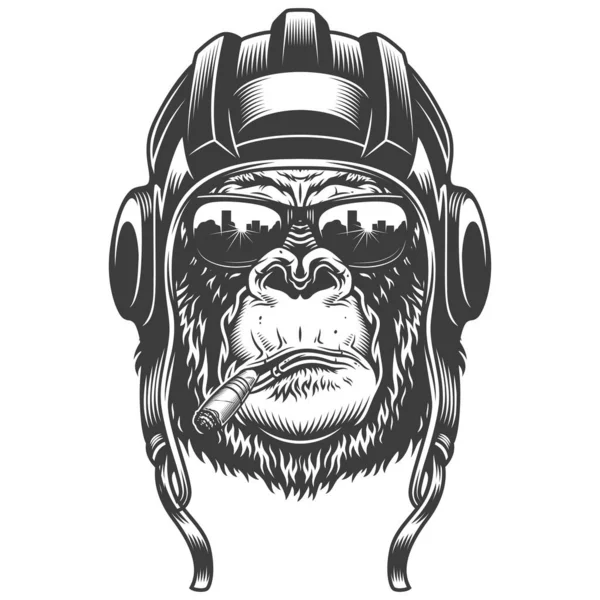 Gorillakopf Monochromen Stil Mit Helm Und Brille Vektorillustration — Stockvektor