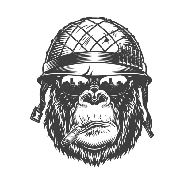 Gorilla Hoofd Monochrome Stijl Soldatenhelm Met Sigaret Vectorillustratie — Stockvector