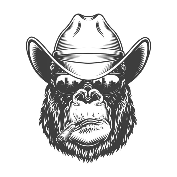 Cabeza Gorila Estilo Monocromo Sombrero Vaquero Cigarrillo Ilustración Vectorial — Vector de stock