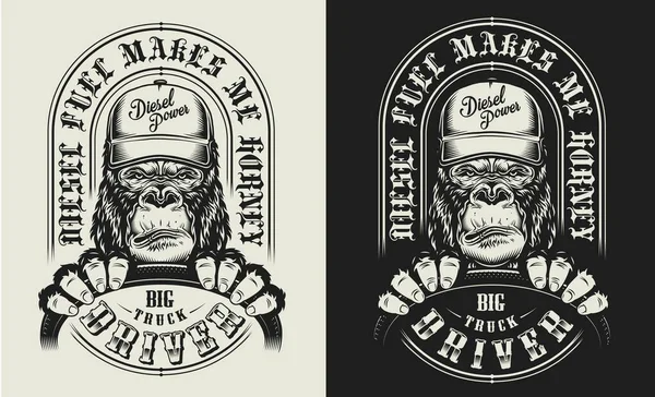 Camiseta Impresión Con Conductor Camión Concepto Gorila Ilustración Vector — Archivo Imágenes Vectoriales