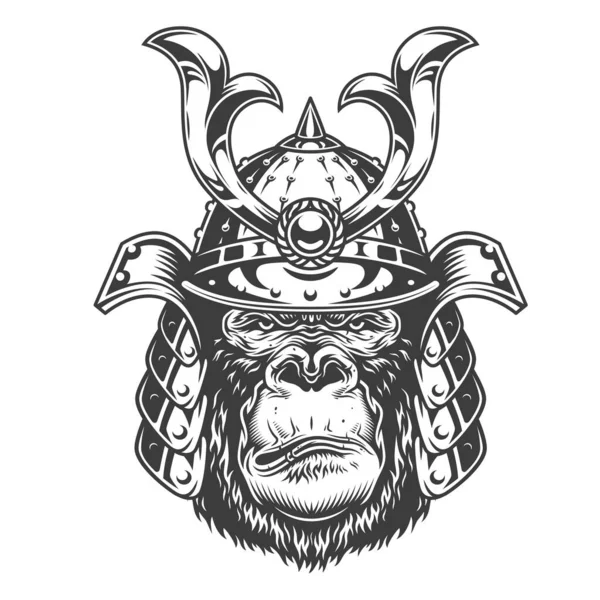 サムライヘルメットのヴィンテージ深刻なゴリラ戦士モノクロームスタイル孤立ベクトルイラスト — ストックベクタ