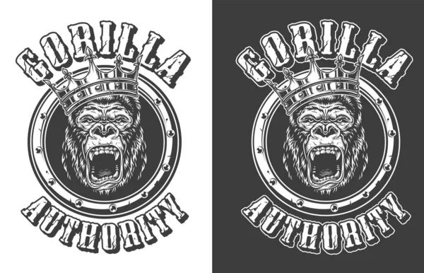 Vintage Rey Gorila Feroz Emblema Redondo Estilo Monocromo Sobre Fondos — Archivo Imágenes Vectoriales