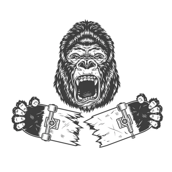 Boze Gorilla Met Gebroken Skateboard Vintage Monochrome Stijl Geïsoleerde Vector — Stockvector