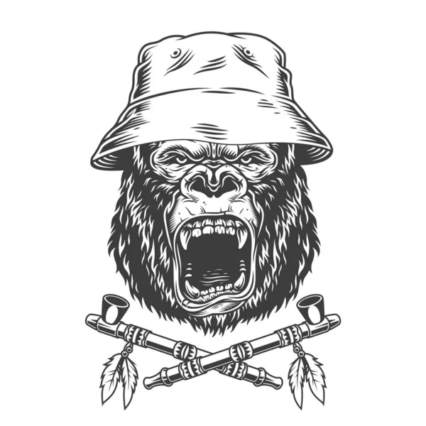 美洲印地安人烟斗横穿美洲本土 头戴帕纳马帽的愤怒大猩猩头 采用复古单色分离矢量图解 — 图库矢量图片