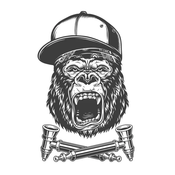 Vintage Monokrom Arg Gorilla Huvud Baseball Mössa Och Bandana Med — Stock vektor