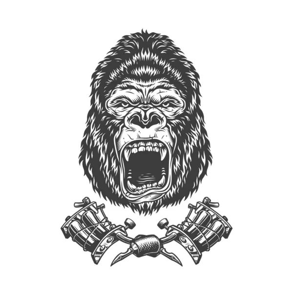 Vintage Monokrom Arg Gorilla Huvud Med Korsade Tatueringsmaskiner Isolerad Vektor — Stock vektor