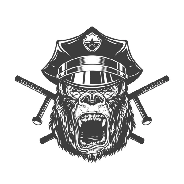 Cabeza Gorila Feroz Gorra Policía Con Bastones Cruzados Estilo Monocromo — Vector de stock