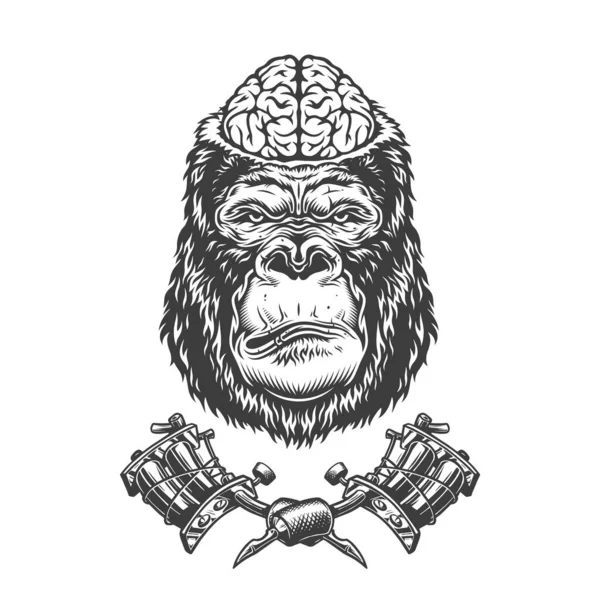 Cabeza Gorila Vintage Con Cerebro Humano Máquinas Tatuaje Cruzadas Ilustración — Vector de stock