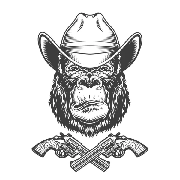 头戴牛仔帽的老式大猩猩头与交叉左轮手枪分离向量图 — 图库矢量图片