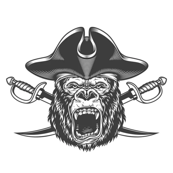 头戴海盗帽的愤怒大猩猩头戴十字剑 采用复古单色风格孤立的病媒图解 — 图库矢量图片