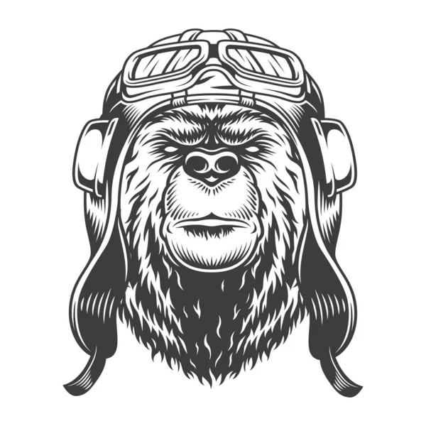 Cabeça Urso Capacete Óculos Estilo Monocromático Vintage Ilustração Vetorial Isolado — Vetor de Stock