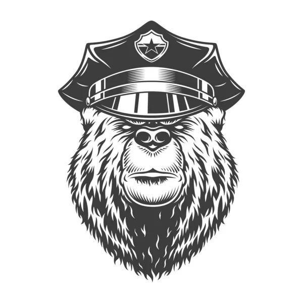 Monochromatický Seriózní Medvěd Policejní Čepici Stylu Vintage Izolované Vektorové Ilustrace — Stockový vektor