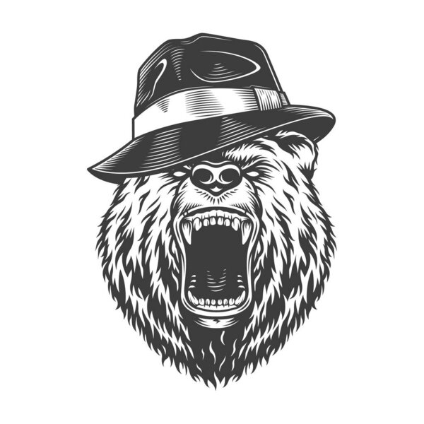 Monochrome gangster bear head in hat in vintage style isolated vector illustration