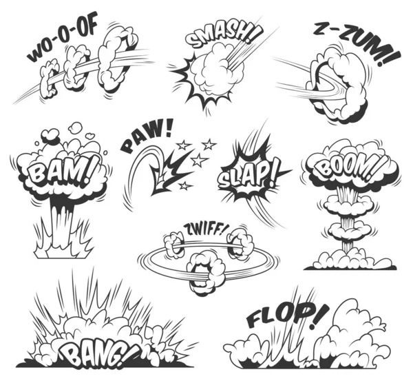 異なる碑文を持つ漫画のバーストや爆発コレクションは モノクロスタイルの孤立ベクトル図で爆発とブーム効果を泡雲 — ストックベクタ