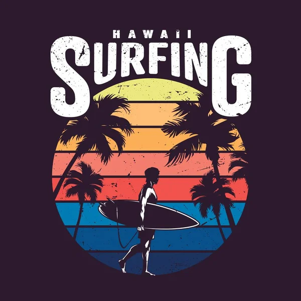 Etiqueta Surf Hawaii Colorido Vintage Com Surfista Segurando Prancha Surf — Vetor de Stock