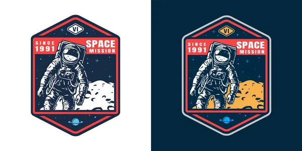 Insigne Coloré Espace Vintage Avec Astronaute Combinaison Spatiale Illustration Vectorielle — Image vectorielle