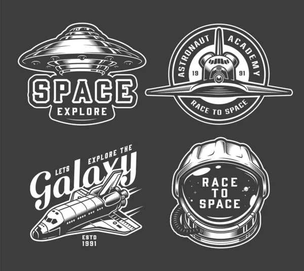 Vintage Monochrome Space Badges Set Shuttles Alien Exploves Cosmonaut Helmet — 스톡 벡터