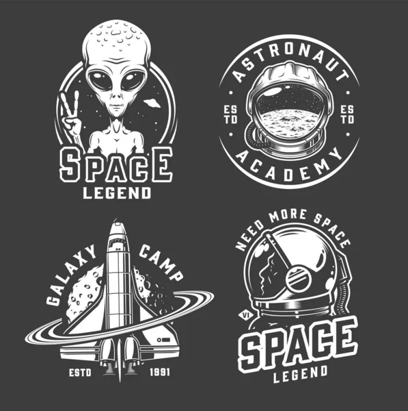Logotypes Espace Galaxie Avec Extraterrestre Montrant Signe Paix Cosmonaute Navette — Image vectorielle