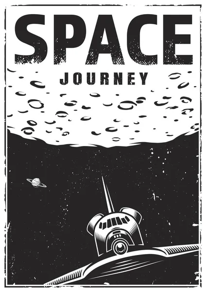 Vintage Monochromes Raumfahrtposter Mit Fliegendem Shuttle Auf Mond Hintergrund Vektorillustration — Stockvektor