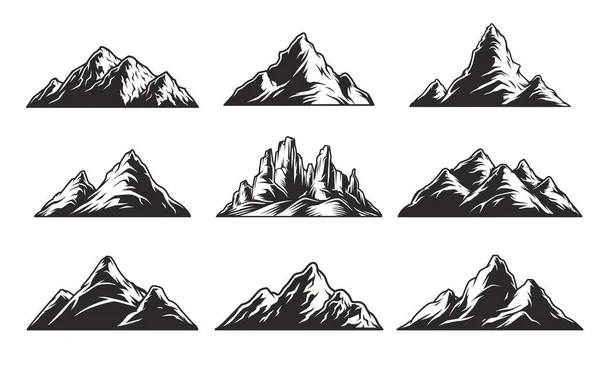 Vintage Monochrome Mountain Landscapes Set Rocks Peaks Isolated Vector Illustration — Stock Vector