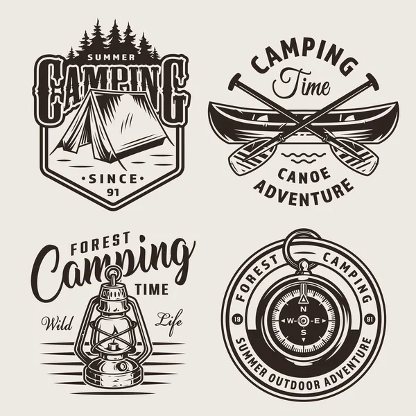 Vintage outdoor recreation logos with tent forest canoe crossed paddles gas lantern and compass isolated vector illustration