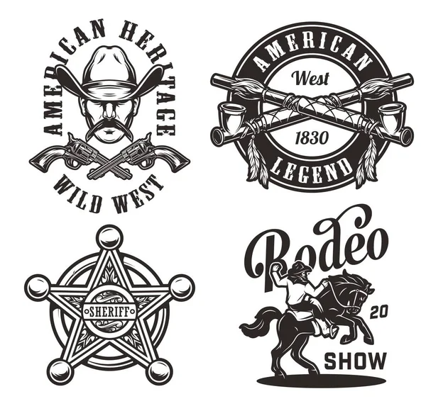 Vintage Wild West Monochrome Labels Crossed Smoking Pipes Guns Sheriff — Stock Vector