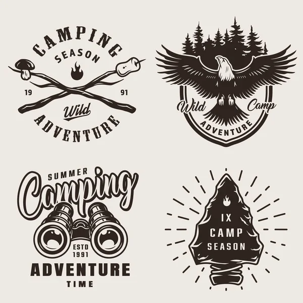 Vintage Camping Emblems Eagle Binoculars Camp Stone Tool Forest Mushroom — Stock Vector