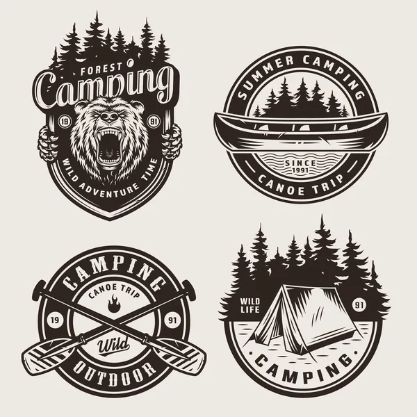 Vintage Monochrome Camping Logotypes Angry Bear Head Canoe Forest Landscape — Stock Vector