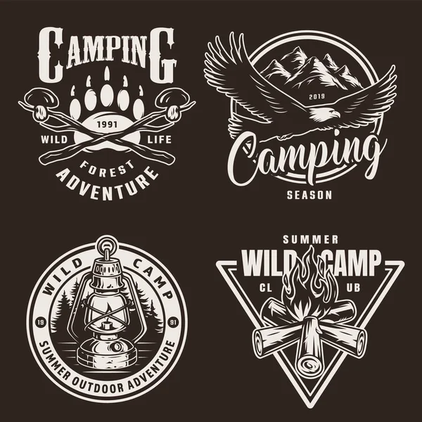 Vintage Monochrome Camping Badges Mushrooms Crossed Sticks Bear Track Eagle — Stock Vector