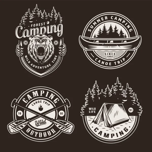 Vintage summer outdoor recreation emblems with ferocious bear head canoe boat forest crossed paddles tent on dark background isolated vector illustration