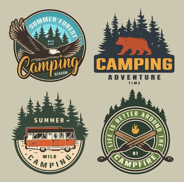 Vintage Summer Camping Colorful Badges Flying Eagle Bear Silhouette Forest — Stock Vector