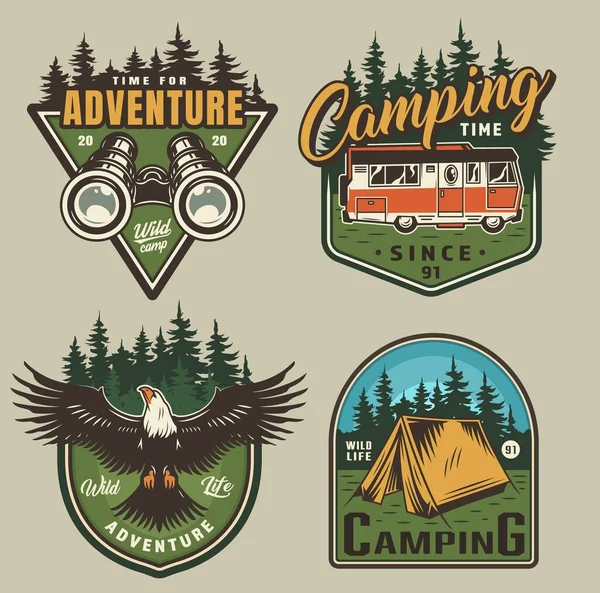 Vintage outdoor recreation colorful logos with binoculars motorhome eagle tent and forest landscapes isolated vector illustration